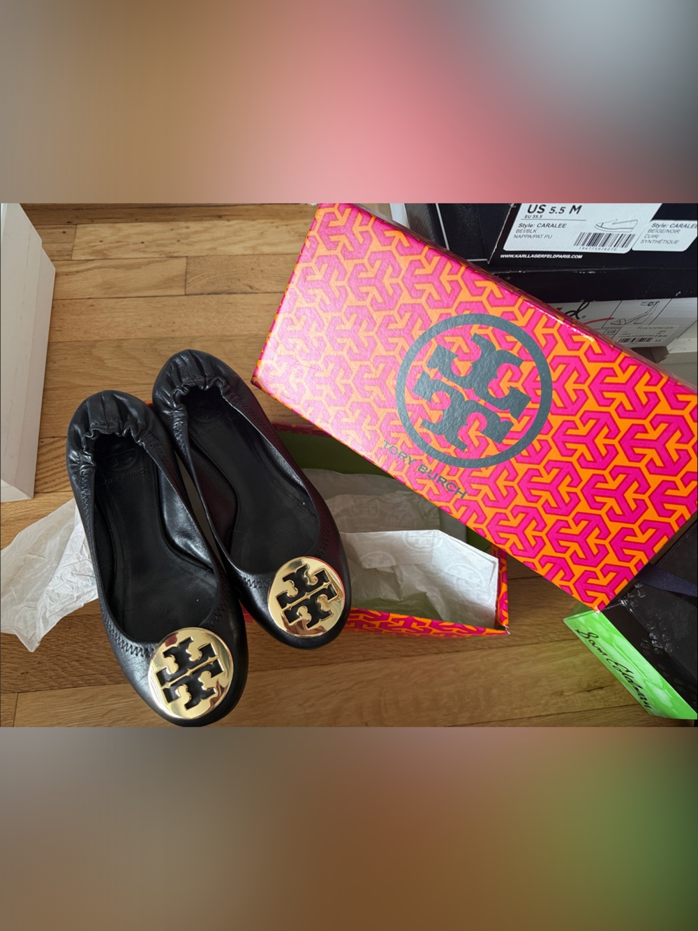 Tory Burch Black Leather Logo Cap-Toe Ballet Flats with Gold Emblem